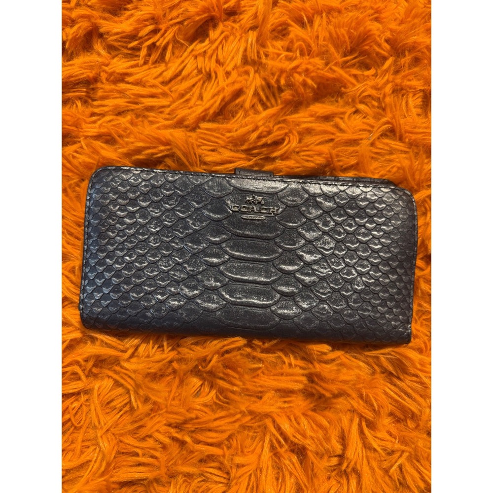Coach Black Snakeskin Embossed Leather Slim Long Bifold Wallet Snap ID Window